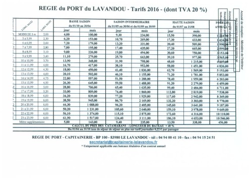 tarifs_2016 port du Lavandou
