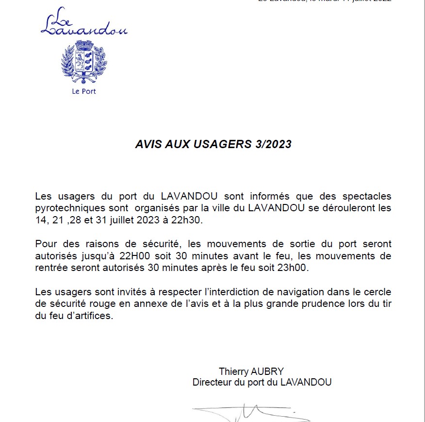 Avis aux usagers 3/2023 – Spectacles pyrotechniques